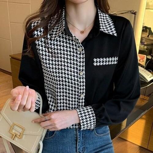 Casual Commuter Professional Womens Blouse Spring 2021 Korean Fashion Plaid Shirt Stitching Houndstooth Korean Fashion Loose