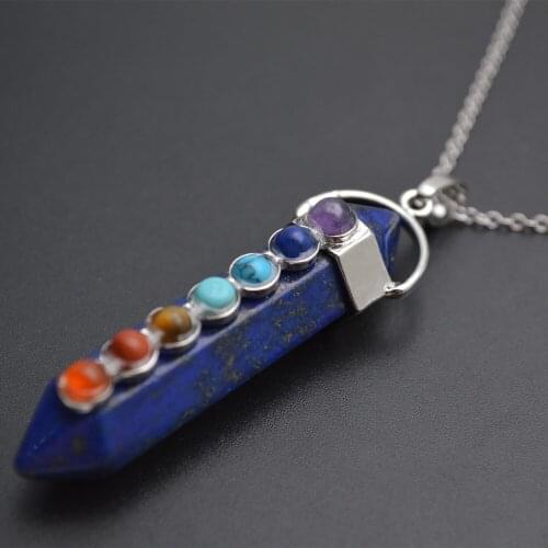 Natural Lpais Lazuli Stone Pillar Point with 7 Small Stone Cabochons Paved Chakra Pendant Chains Necklace