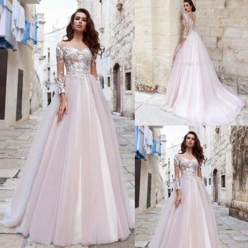 2020 Long Sleeves A-Line Wedding Dresses Scoop 3D Flowers Lace Appliques Court Train Wedding Bridal Gowns Vestido De Noiva