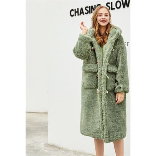 Loose X-Long Faux Lamb Fur Jacket Winter Fashion Warm Solid Overwear Casual Young Girls Horn Buckle Streetwear Female LR1713