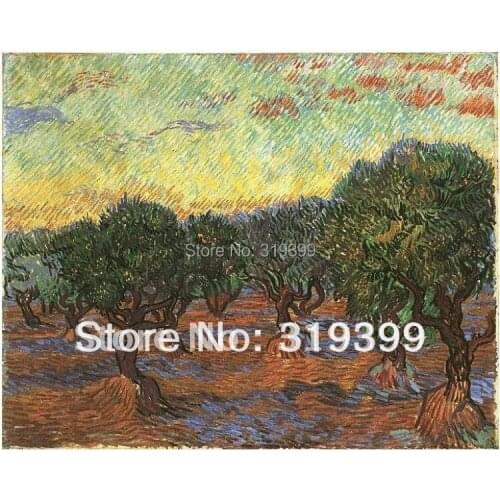 Vincent Van Gogh Oil Painting reproduction on linen canvas,Olive Grove Orange Sky ,100%handmade,Free Shipping,Museum quality