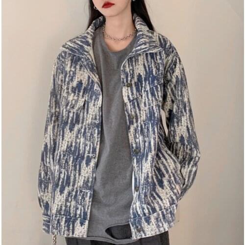 Vintage Tie Dye Print Loose Oversized Women Denim Jacket Casual Long Sleeve Jeans Jacket Female Autumn Harajuku Chaqueta Mujer