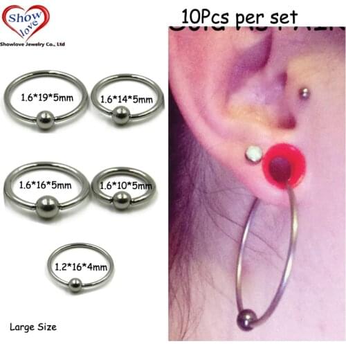 Showlove-10pcs Large Size Surgical Steel Captive Bead Lip Rings Nose Piercing Hoochie Hoop Stretched Ears Earring In Tunnel