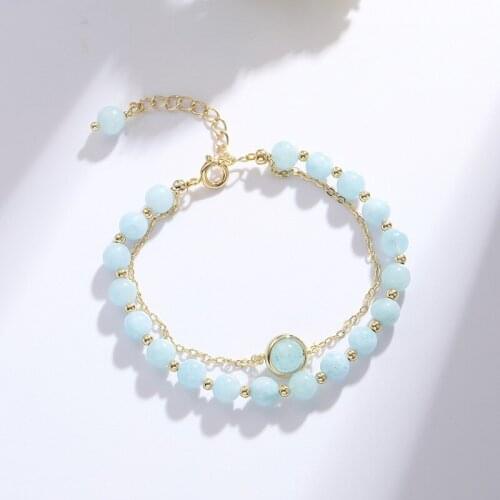 Gold Color Double Layer Bracelet Sky Blue Natural Aquamarine Beads Beaded Bracelets for Women Fashion Jewelry Accessories YBR422