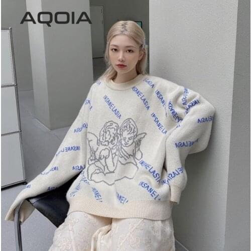 Harajuku Angel Embroidery Knit Female Pullovers Y2K Long Sleeve Womens Sweater Loose Oversize Woman Sweaters Plus Size Clothing