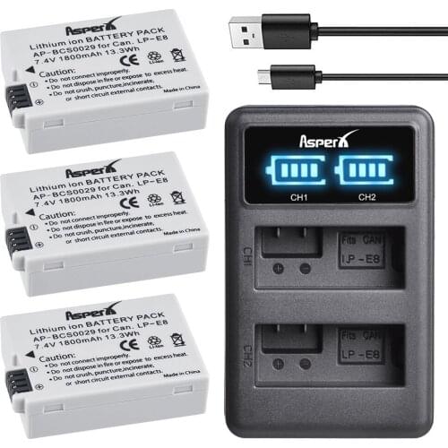 3Pcs LP-E8 LP E8 LPE8 Li-ion Batteries + LED Dual USB Charger For Canon EOS 550D 600D 650D 700D Rebel T2i T3i T4i T5i Camera