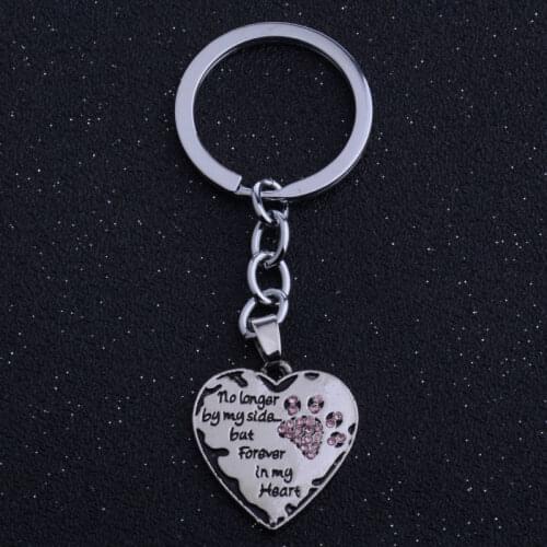 Bespmosp "No Longer By My Side But Forever In My Heart" Dog Paw Prints Hand Stamped Pendant Pink Crystal Heart Key chain Keyring