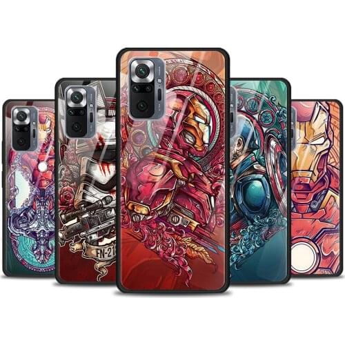 Captain America Iron Man for Xiaomi Redmi Note 10 Pro Max 10S 9T 9S 9 8T 8 7 Pro 5G Luxury Tempered Glass Phone Case Cover