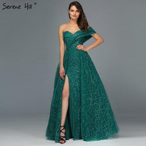 Dubai Green Luxury Sparkle Sexy Evening Dresses 2020 One Shoulder Sequined Pearls Formal Dress Serene Hill LA60758