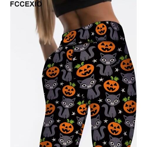 FCCEXIO New 3D Halloween Pumpkin Printed Leggings Women High Waist Plus Size Pants Fitness Stretch Leggings Autumn Women Pants