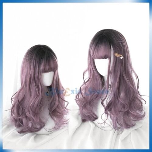 Gradual Black Purple Lolita Wig Harajuku Sweet 50cm Long Curly Synthetic Hair Fringe Bangs Adult Girls Hair