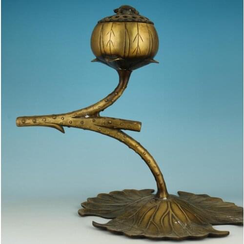 Noble estatua de bronce antiguo chino hojas de loto Buda quemador de incienso