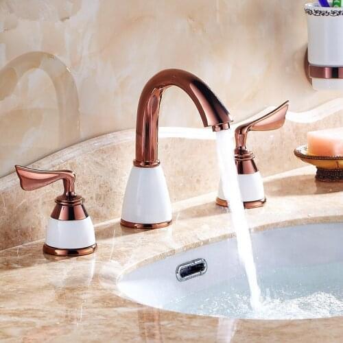Bathroom Basin Faucet Brass Sink Mixer Tap Hot and Cold Bathroom Crane Deck Mounted Ceramics Widespread Faucets Rose Gold/Gold