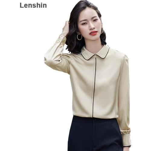 Lenshin Soft Fabric Shirts for Women Peter Pan Collar Blouse Work Wear Office Lady Female Champagne Tops Chemise Loose style