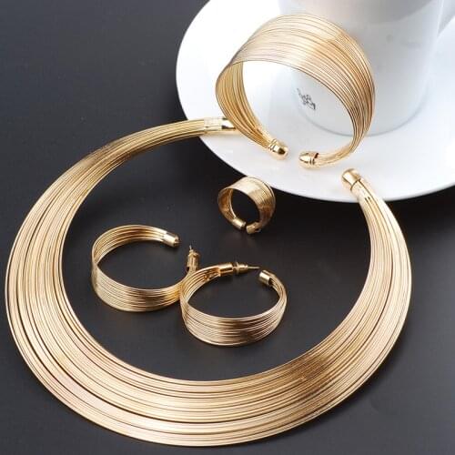 Fashion Dubai Gold Jewelry Sets Exaggerated Gold Line Necklace Set Wedding Gift African Nigeria Jewelry for Women