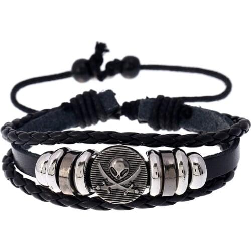 Men Leather Bracelet Black Alloy Punk Style Skull Women Bracelets & Bangles Adjustable Size for Adult Children