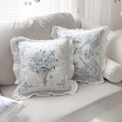 French Noble Pillow Case Cushion Cover Blue Floral Cojines Decorativos Para Sofa Elegant Ruffle Throw Pillows Cushions Coussin