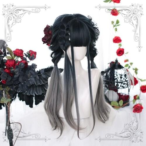 Female Long Straight Hair Tail Slight Curly Black Charcoal Grey Gradual Change Bangs Wig Women Wigs Lolita Cosplay Party