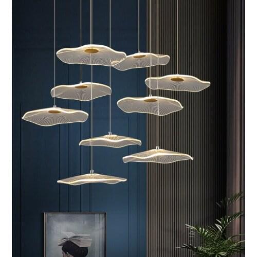 Lotus Leaf Pendant Light Luxury Long Stair Hanging Light Villa Living Room Dining Bar Pendant Lamp Tea Room Art Lamp