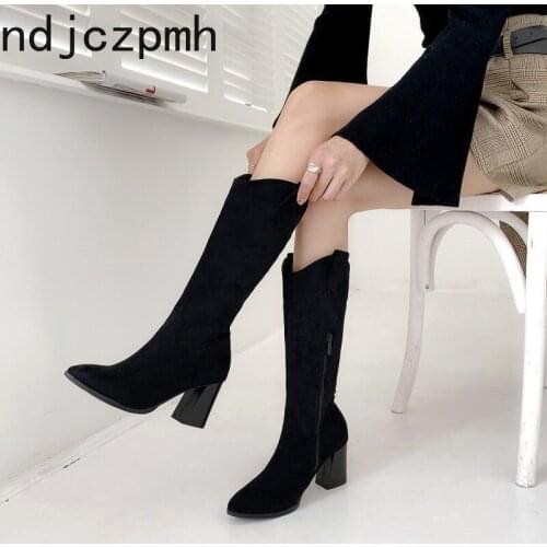 Knee High Boots The New Fashion Autumn and Winter Pointed Zipper High Heel Long Boots Plus Size 34-48 7.5cm High Black Off White