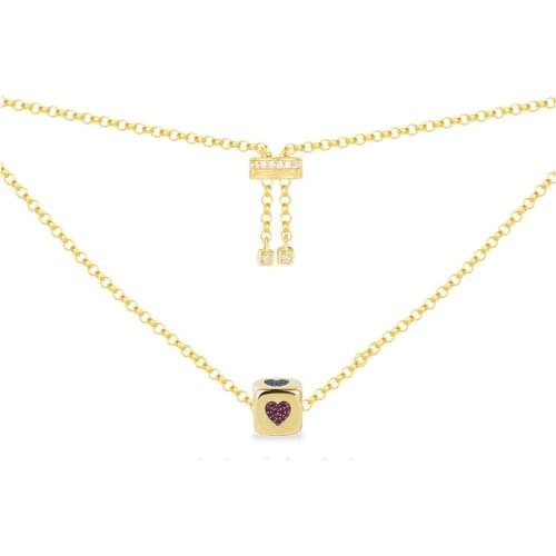 SLJELY Fashion Yellow Gold Color Real 925 Sterling Silver Zirconia Multicolor Love Hearts Dice Adjustable Necklace Women Jewelry