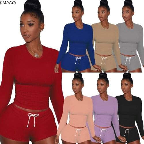 CM.YAYA Active Wear Sport Womens Set Long Sleeve T-shirt Shorts Pants Suit Tracksuit Matching Two Piece Set Fitness Outfits