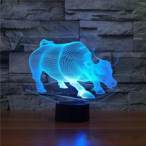 LED 3D Night Light Remote Touch Swithc Buffalo Colorful Desk Table Bull Lamp USB 3D Illusion Animal Baby Sleeping Table Light