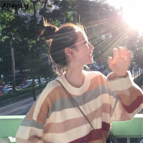 Sweaters Women All-match New Striped Female Standard Pullovers Spring Daily Casual Student Clothes Knitting Simple Korean Style