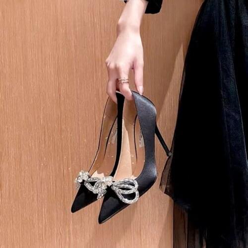Autumn Shallow Mouth Satin Black Pointed Toe High Heels Pumps Fairy Bowknot Rhinestone Stiletto Temperament Wedding Dress Shoes