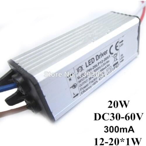 1pcs/lot 20W DC30-68V Watperproof LED Driver 12-20x1W 300mA IP67 Constant Current Aluminum LED Power Supply