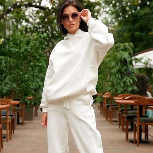 2-Piece WomenS Sportswear Adult Solid Color Long-Sleeved Hooded Sweater With Pockets + Trousers Drawstring 2021 Autumn Leisure