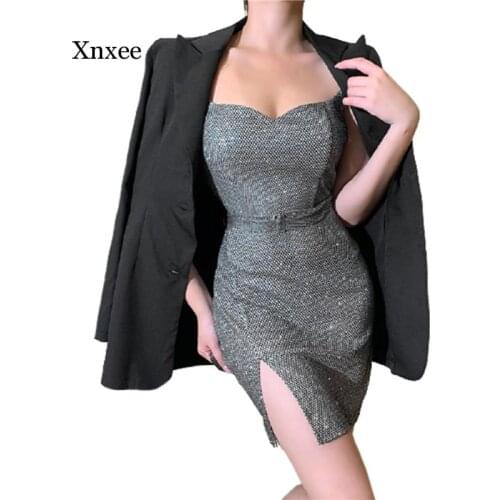 Womens Sexy High Waist Suspender Dress Fashion Glitter Solid Bodycon V-Neck Backless Tight Party Club Split Short Dresses