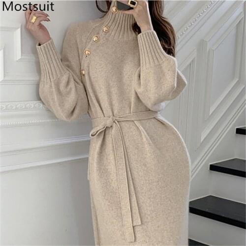 Winter Turtleneck Buttons Women Knitted Sweater Dress Full Sleeve Lace-up Elegant Korean Female Thicken Long Dresses Vestidos
