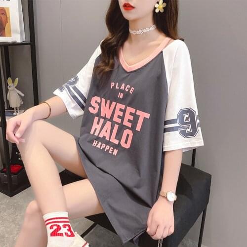 #0137 Gray Black Green Short Sleeves Summer T-shirt Women Korean Style Casual Loose Print V Neck Preppy Style Tops Clothes