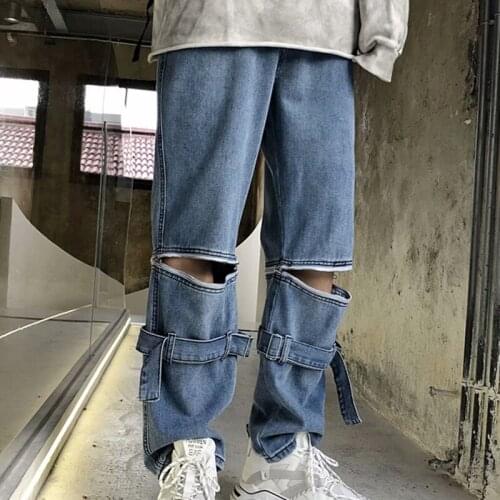 #5000 Blue Jeans Loose Straight Summer Thin Korean Fashion Hole Casual Pants Zipper Pockets Wide Leg Pants Casual Pantalon Homme