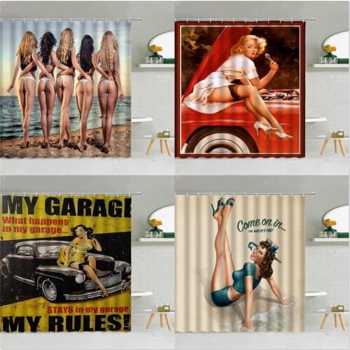 America Sexy Girl Model Beach Shower Curtain Beautiful Woman Truck Fabric Bathroom Home Decor Supplies Hanging Curtains Washable