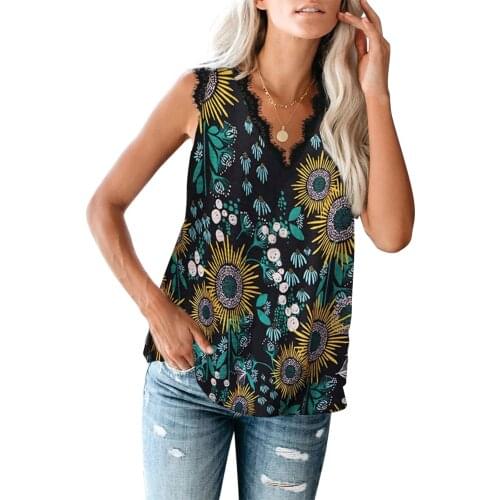 Summer Print Blouse Women V-Neck Sleeveless Off Shoulder Leopard Lace Tops Casual Ladies Loose Shirts Female