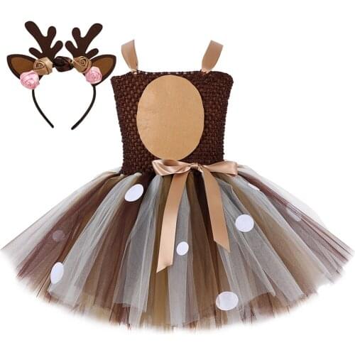 HOT Deer Tutu Dress Happy Purim Baby Girls 1st Birthday Party Dresses Carnival Halloween Winter Cosplay Costume Clothes For Kids