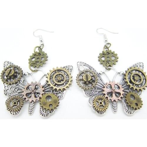 Gothic vintage Steam Gear butterfly Earrings For Women punk Cool Trendy Antique Bronze Color Gear Insect Earrings Jewelry 2021