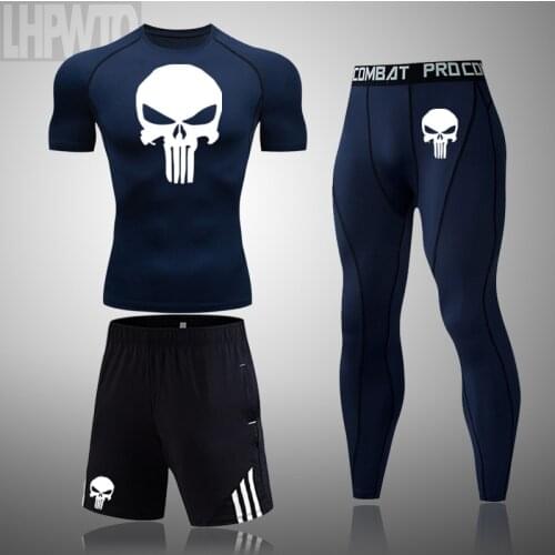 Summer Fitness Men Gym Track Suit Men Sportswear Workout Set Sweat Quick Dry Shirt Jogger Compression Skull Clothes