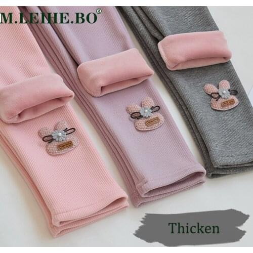 Girls Leggings Solid Color Trousers Fille Kids Cotton Winter Pants Girls Plus Velvet Thickening Bunny Decal Children Trousers