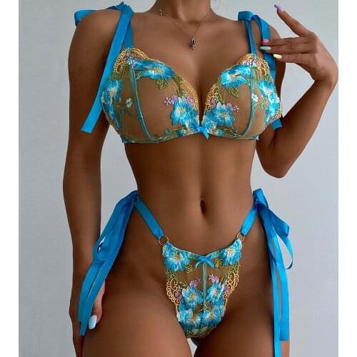 New Women 2 Pieces Set Sexy Lace Ribbon Floral Embroidery Underwear See-Through Erotic Bra and Brief Sets Sensual Lingerie