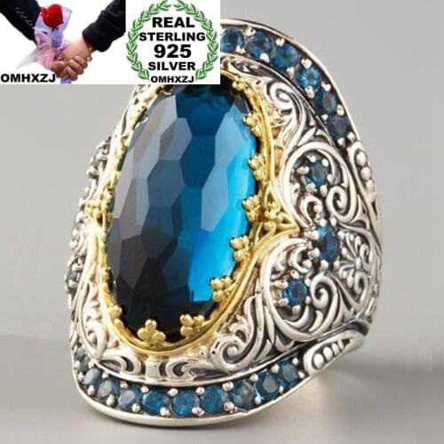 OMHXZJ Wholesale European Fashion Woman Man Party Wedding Gift Vintage Topaz 925 Sterling Silver 18KT Yellow Gold Ring RR366