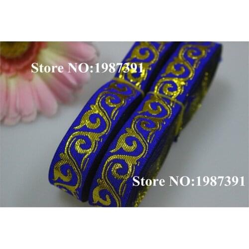 Wide 2cm 9yards/lot Polyester Woven Jacquard Ribbon blue background gold tetom pattern LS-5185