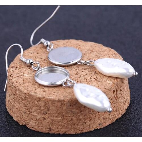 Reidgaller 10pcs 12mm cabochon earring base settings Stainless steel blank bezel trays with pearl charms diy ear hooks findings