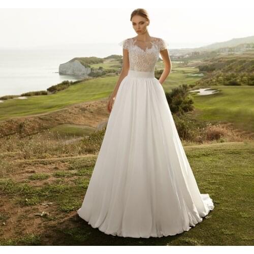 Short Sleeves A-line Lace Applique Wedding Dress with Long Belt Chiffon Outdoor Bridal Dress vestido de novia encaje