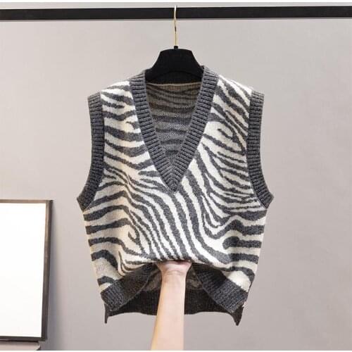 Spring Autumn Fashion Leopard Print Sweater Vest Ladies Casual Loose Knitted Vest Sleeveless V-Neck Pullover All-Match Waistcoat