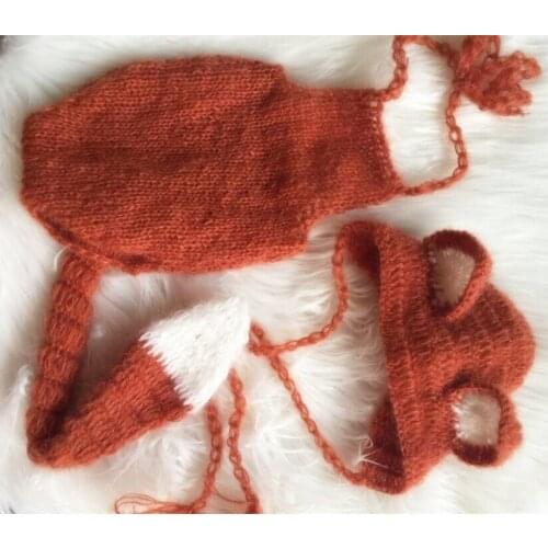 Shower Gift Vintage Fox Bonnet and Romper Set Baby Girl Photo Prop Crochet Jumpersuit with long tail Newborn Boy pant Hat