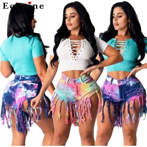 Tassled Brushed Tie-Dye Denim Shorts Womens Jeans Casual Pants Revers Retro Scratch Hand Frayed Cowboy Fashion Female Outfits