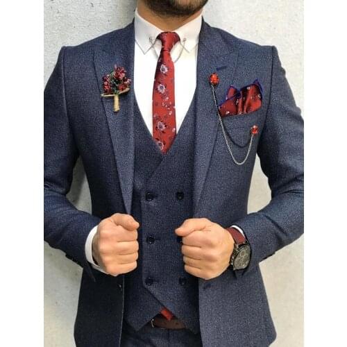 Wedding Tuxedos Vintage Fit Formal Best Man Suits Groom Wear Mens Tweed 3 Piece Suits (Jacket+Pants+vest)